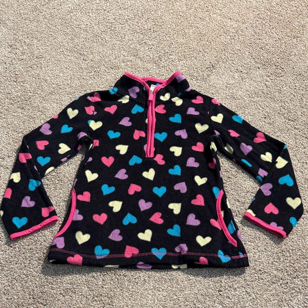 Multicolored Heart Print Fleece Half-Zip Black Top with Pink Accent and Pockets